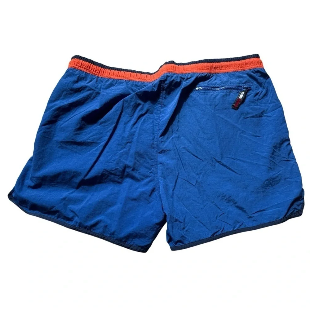 VINTAGE! 90’s Tommy Hilfiger 5” Men's Swim Trunks Blue & Orange Spell Out Logo